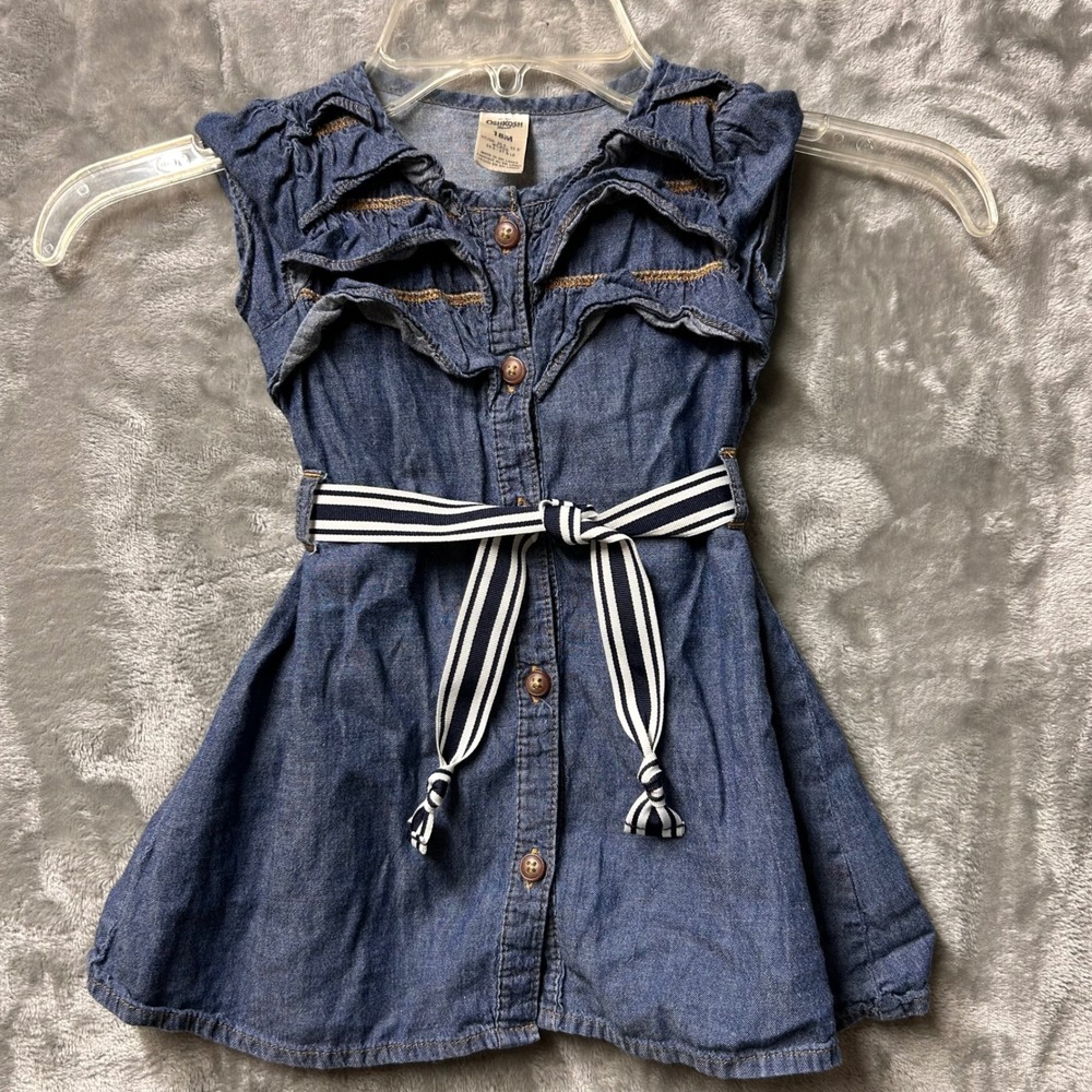 OshKosh B'Gosh Denim Dress 18M Blue Striped Belt Sleeveless Ruffle Girls